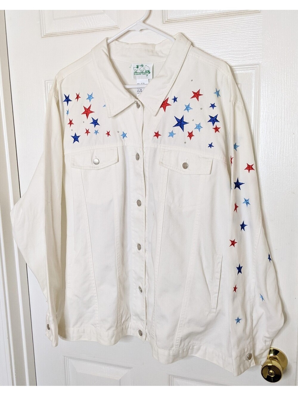 Quacker Factory White Denim Jacket Embroidered Angel & Stars Pockets Size 3X
